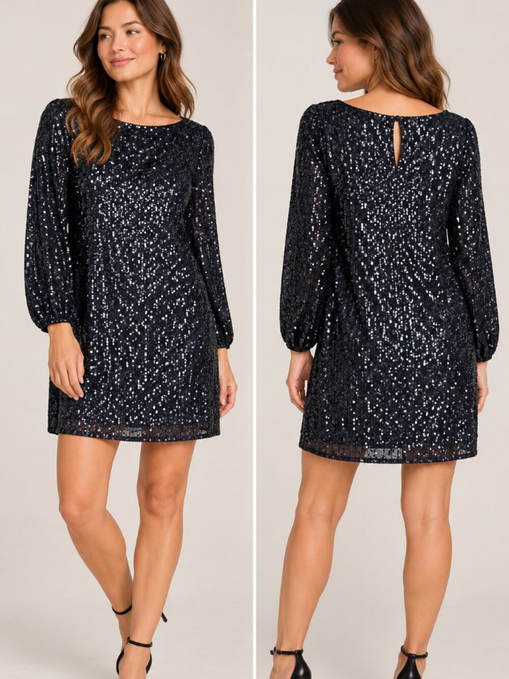 Ann Taylor Factory Navy Sequin Long Sleeve Shift Dress Size M